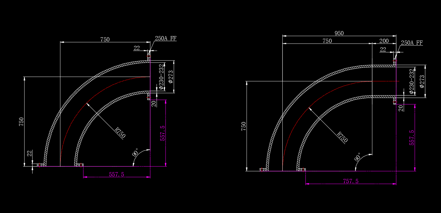 measure the bending radius of a ceramic tile lined elbow