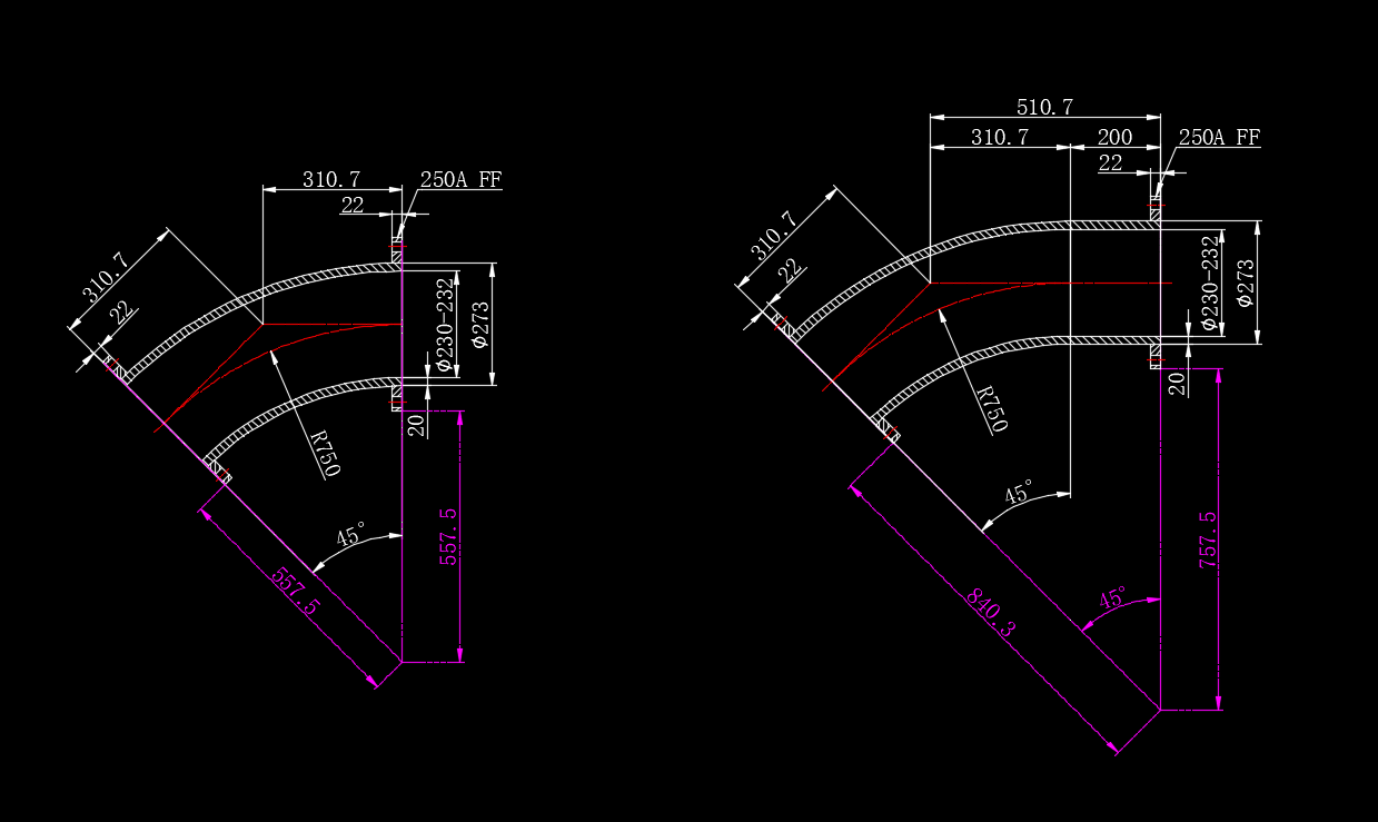 measure the bending radius of a ceramic tile lined elbow